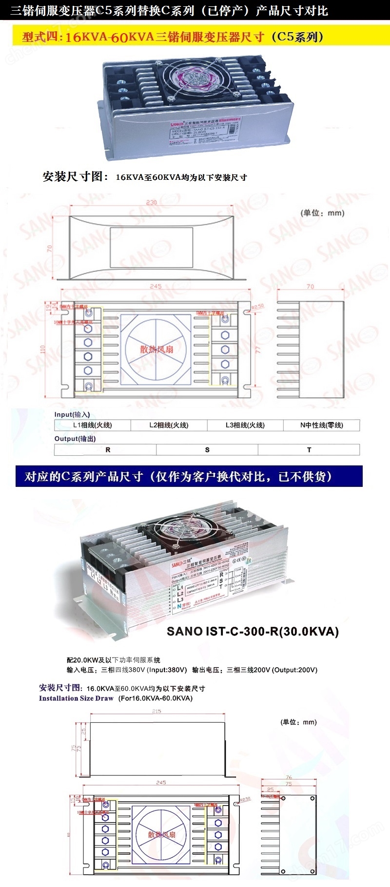 三锘20KVA以上SANO伺服電子變壓器新老型號尺寸對比煙臺多創機電